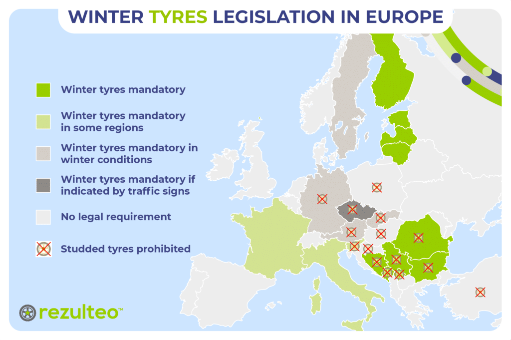 Map of winter tire legislation in Europe